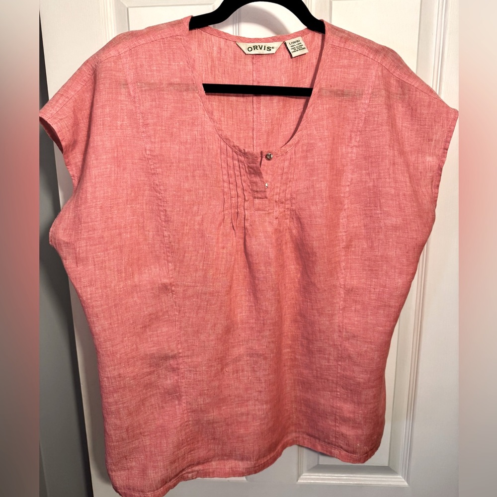 Orvis Women's 100% Linen Boxy
Short Sleeve Pintuck Coral Pink Top
Size: Large